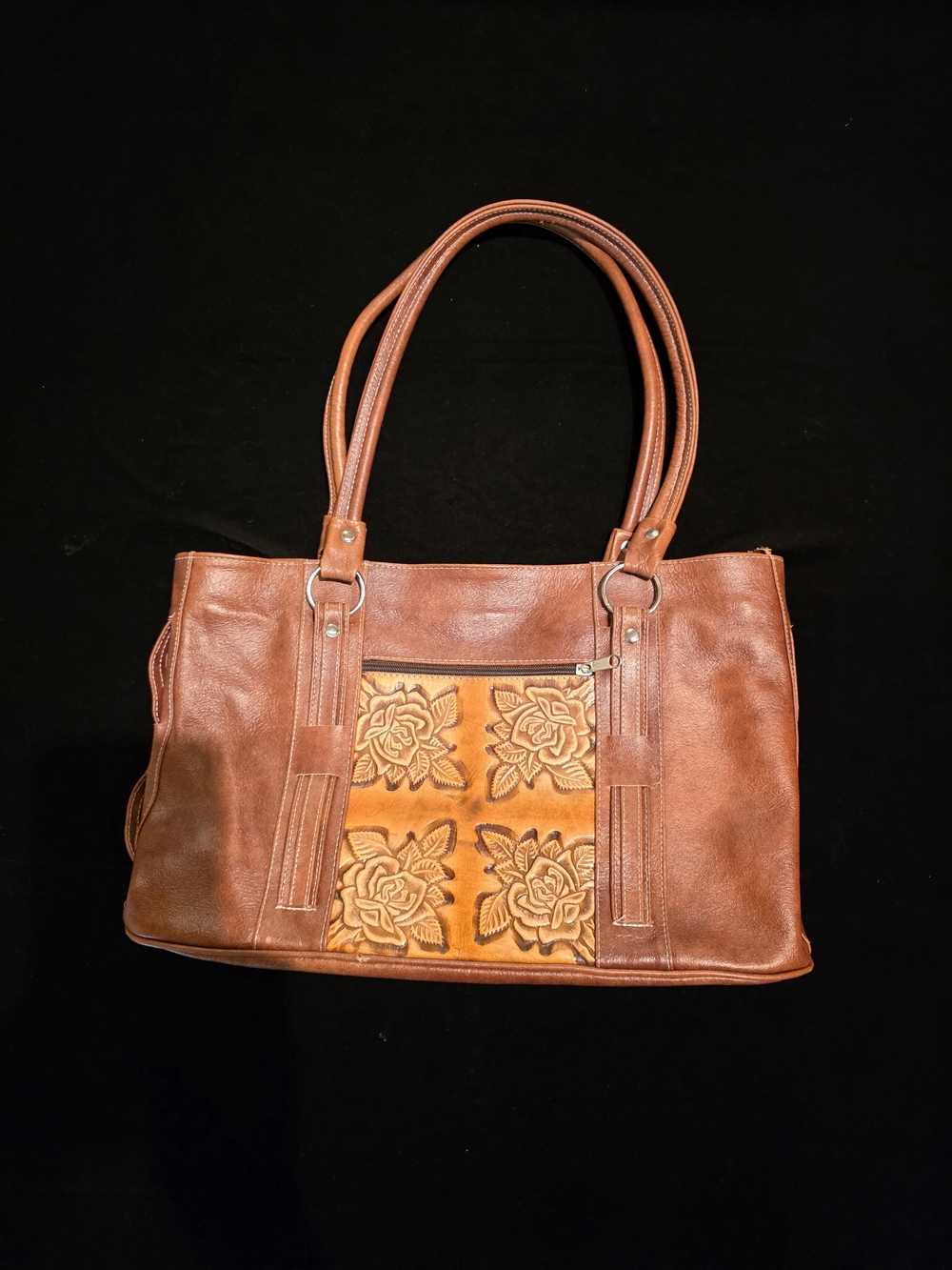 Women’s Brown Leather Tote with Floral Embossed Panel